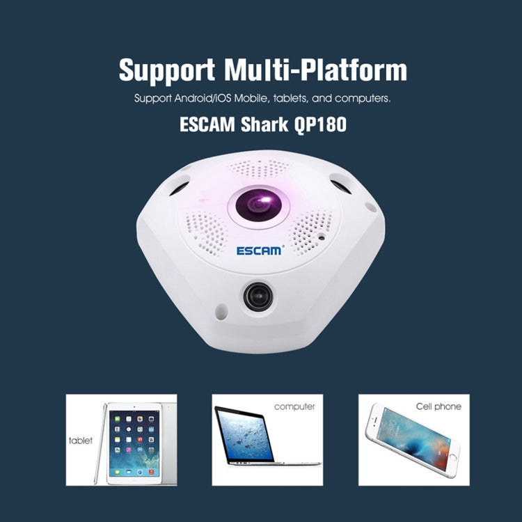 ESCAM Shark QP180 960P 360 Degrees Fisheye Lens 1.3MP WiFi IP Camera, Support Motion Detection / Night Vision, IR Distance: 10m, QP180 ESCAM Shark QP180 960P 360 Degrees Fisheye Lens 1.3MP WiFi IP Camera, Support Motion Detection / Night Vision, IR Distance: 10m, QP180